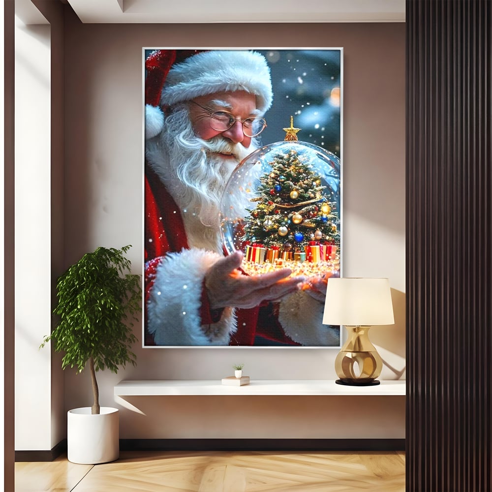 Tablou canvas cu tablou canvas cu mos craciun, in rama de aluminiu argintiu